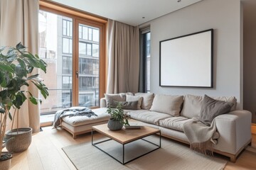 Stylish modern living room with cozy elements and natural light illuminating the warm space in an urban apartment setting