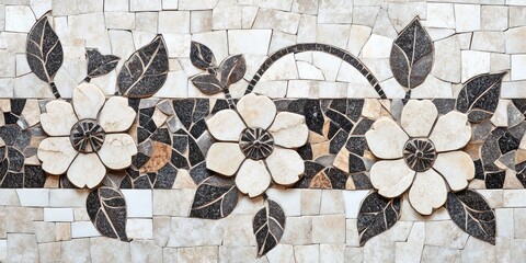 Flower mosaic design with black and white stones on textured surface featuring leaves, ideal for decoration. Copy Space.