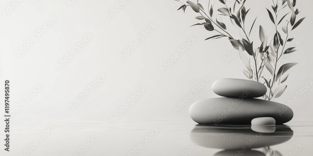 Poster minimalist composition of smooth stones balanced in a serene setting with delicate leaves emerging f