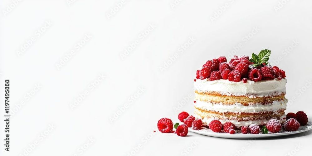 Poster three-layer raspberry cake with cream frosting on a white background featuring fresh raspberries and
