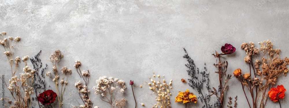 Poster dried flowers arranged on a gray background with copy space for text placement