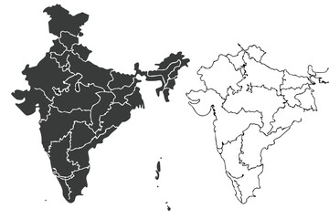 Obraz premium Map of India, multiple variations, grayscale, black and white, outline, geographical regions, state borders, minimalist design, cartography, vector graphics, political map, infographic style, monochro
