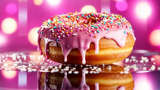 Delicious pink donut dripping with icing and sprinkles on vibrant background
