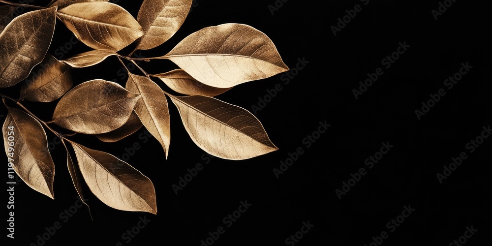 Poster golden leaves composition on black background with copy space for text and design elements