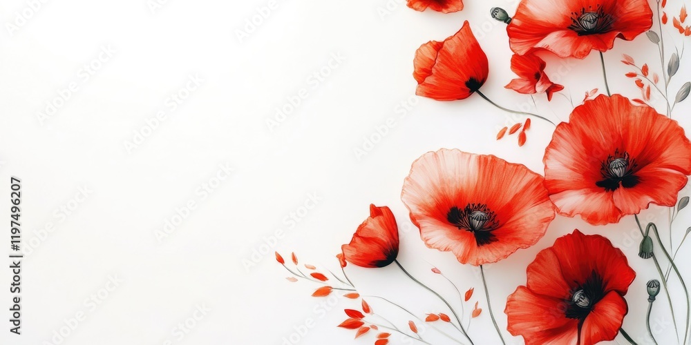 Poster red poppy flowers with green stems and leaves on a white background with ample copy space for text i