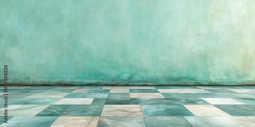 Poster mint green textured wall with marble patterned floor and ample copy space for text placement