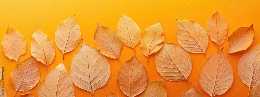 Poster autumn leaves arranged on a vibrant orange background with ample copy space for text placement