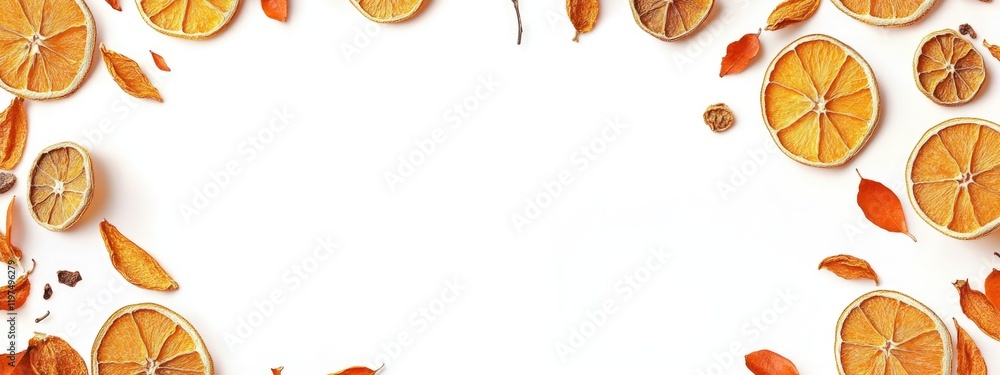 Poster dried orange slices and autumn leaves arranged on a white background with copy space for text or des
