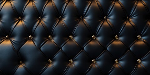 Black tufted leather texture with golden buttons and shadows Copy Space