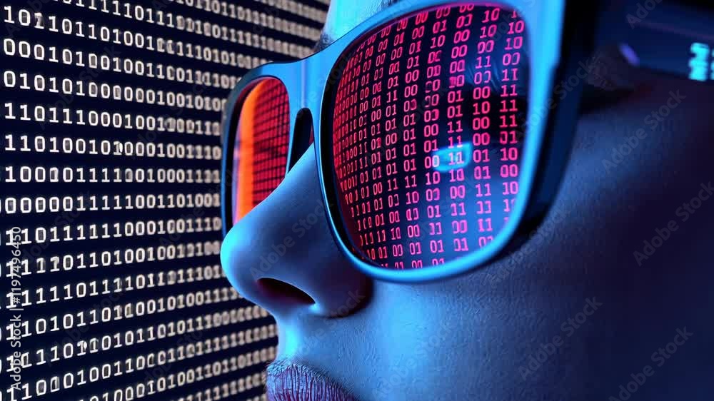 Poster reflective sunglasses and futuristic glasses close up on binary code, digital technology, and data a