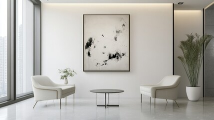 A minimalist meeting space with clean lines, a monochromatic color scheme, and a single piece of modern art.