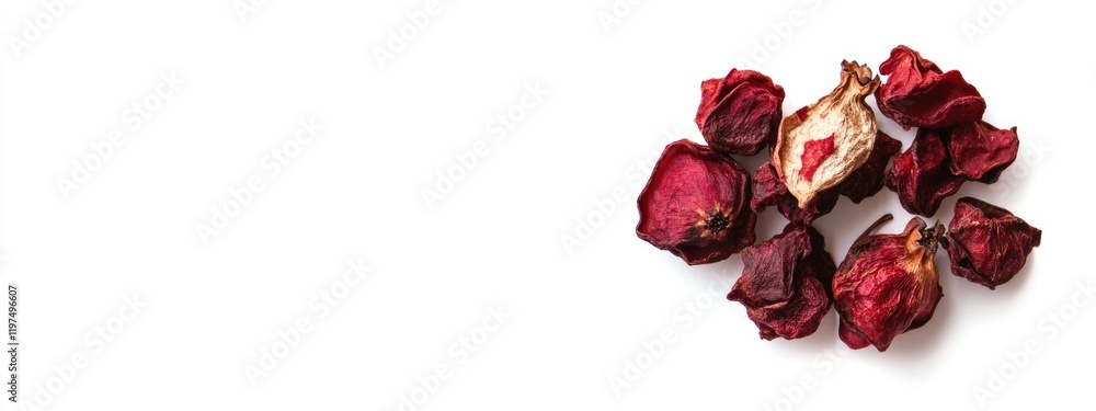 Poster dried red rose petals arranged on white background with ample copy space for text insertion
