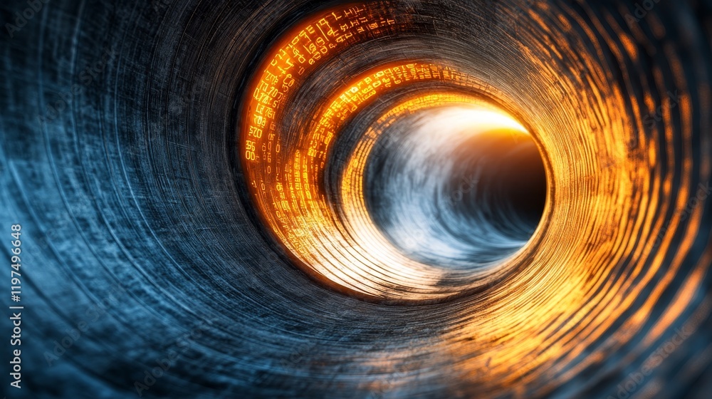 Poster digital tunnel with glowing binary code, concept of data flow, technology background.