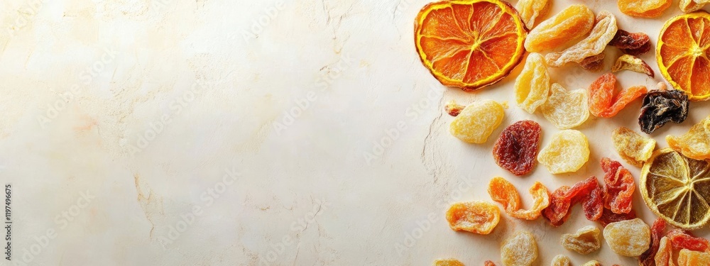 Poster dried fruits and citrus slices arranged on a light background with copy space for text integration