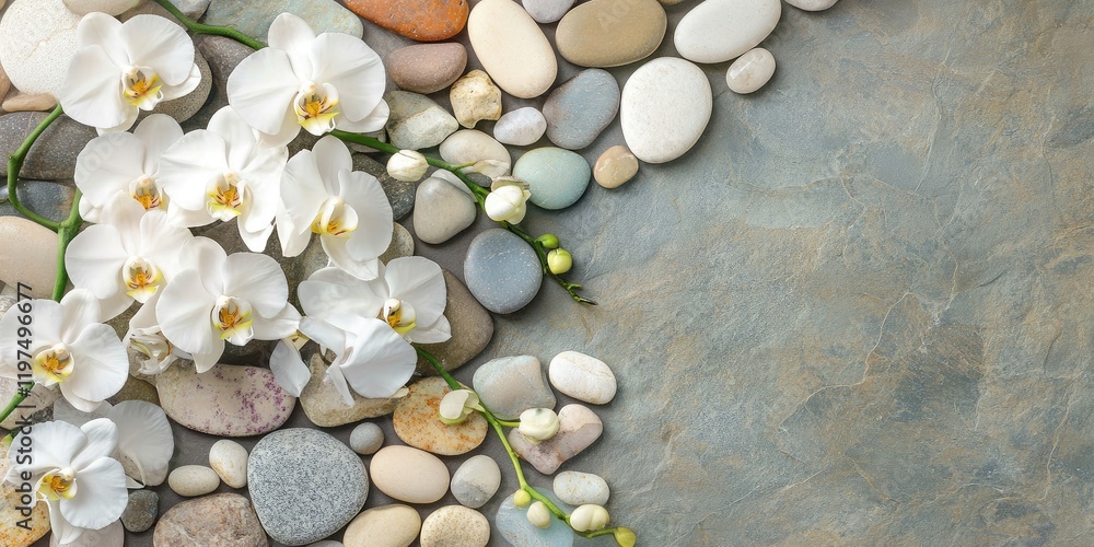 Poster orchids on pebbles with textured background and copy space for text in minimalist floral composition