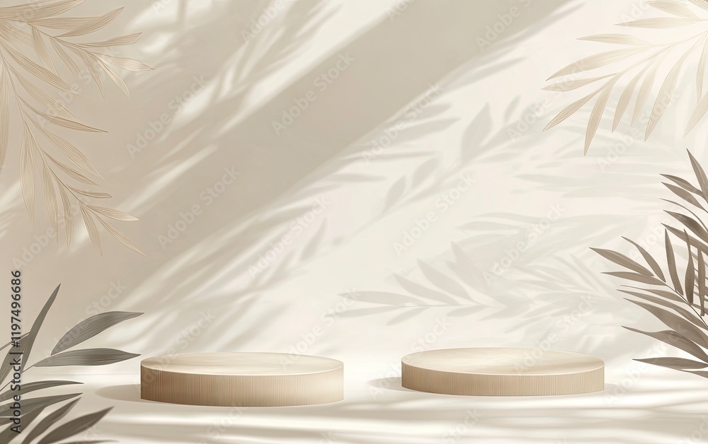 Poster minimal abstract background for product presentation, beige and gray podiums with shadows on a light