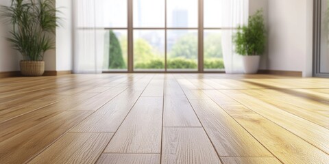 Interior view of modern room with wooden floor, large windows, natural light, and potted plants, featuring ample copy space for text.