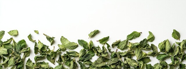 Dried green herb leaves arranged on white background with copy space for text placement