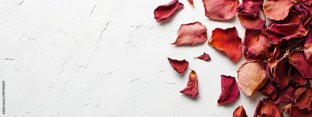 Poster dried rose petals scattered on a textured white background with ample copy space for text placement
