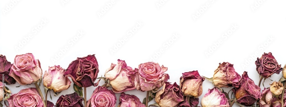 Aufkleber dried and wilted roses border on white background with copy space for text or graphics