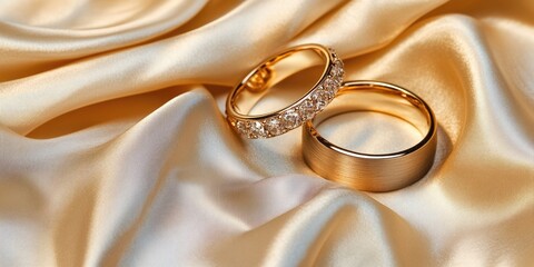Gold wedding rings on silky golden fabric with copy space for text. Elegant jewelry presentation with soft texture.
