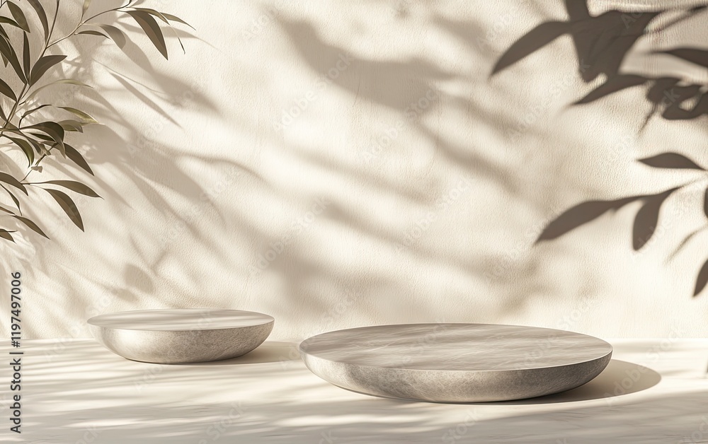Poster minimal abstract background for product presentation, beige and gray podiums with shadows on a light
