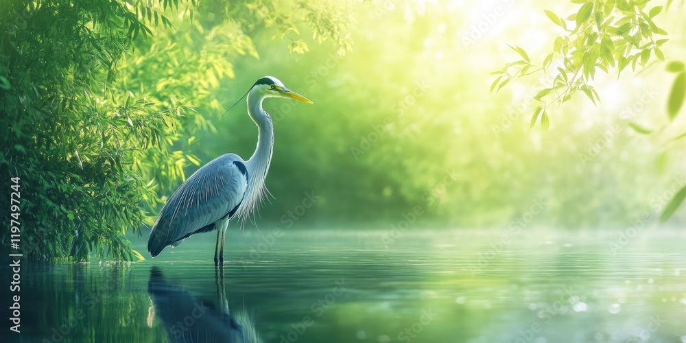 Poster heron standing in calm water surrounded by lush greenery and soft light with potential for copy spac