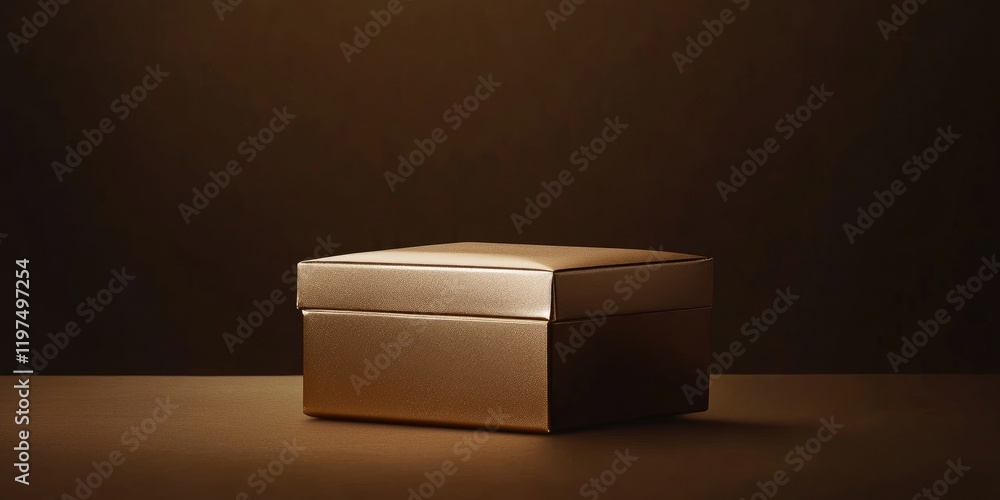 Poster elegant golden gift box on a dark background with soft lighting and copy space for text inclusion