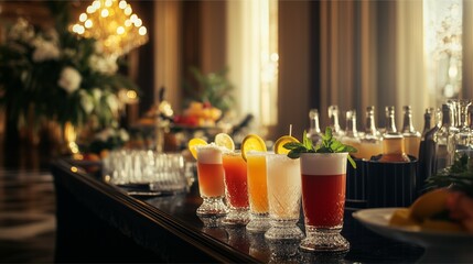 Luxurious Cocktail Bar with Crystal Glasses and Tropical Garnishes