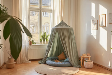 hygge children's space, creative bed canopy, eco-friendly elements