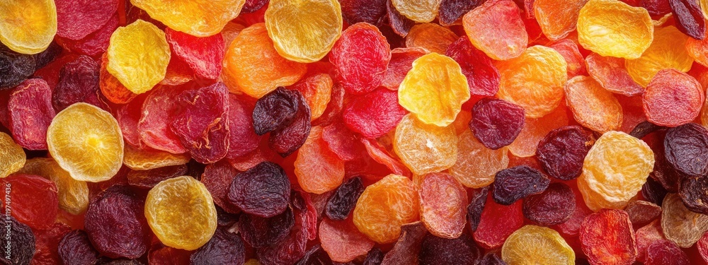 Poster colorful assortment of dried fruit slices background with copy space for text placement