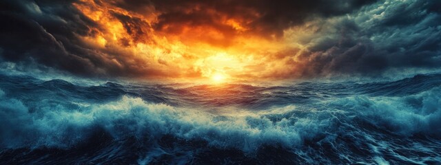 Dramatic ocean sunset with turbulent waves and dark stormy sky highlighting vibrant colors and dynamic cloud patterns Copy Space