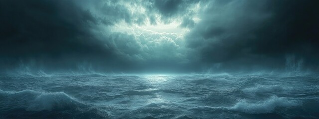 Mysterious stormy ocean landscape with dark clouds and turbulent waters featuring ample Copy Space for text placement