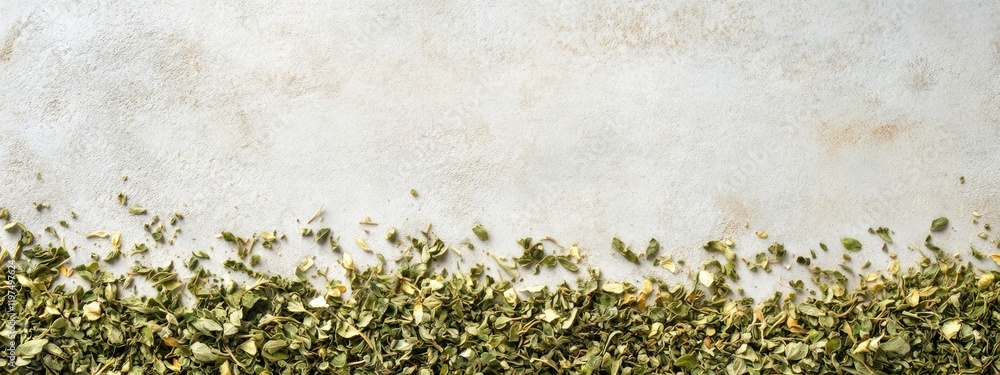 Poster dried herbs arranged along the bottom of a textured white background with ample copy space above for