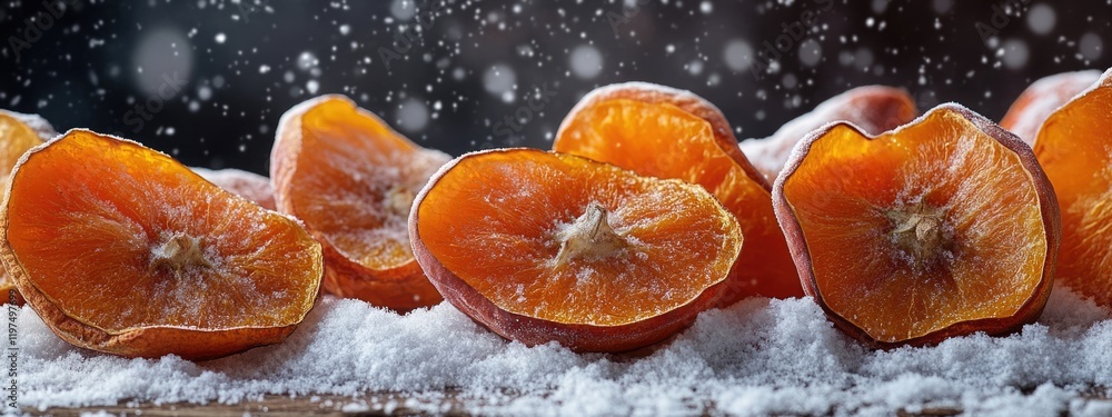 Poster freshly sliced persimmons arranged on a snowy background with falling snowflakes and copy space for 
