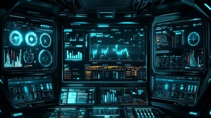 Fototapeta premium Futuristic Control Room with Advanced Technology Dashboard Interfaces