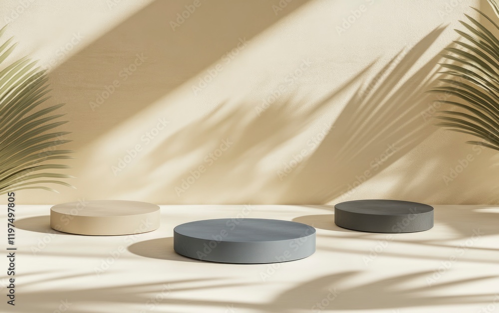 Poster minimal abstract background for product presentation, beige and gray podiums with shadows on a light