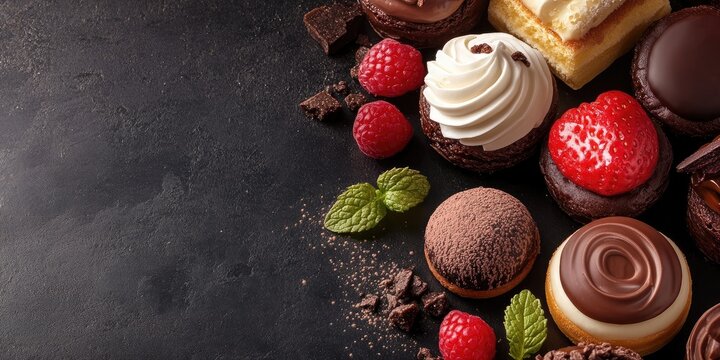 Assorted gourmet desserts including cupcakes, raspberries, chocolate pieces, and mint leaves on a dark background with Copy Space
