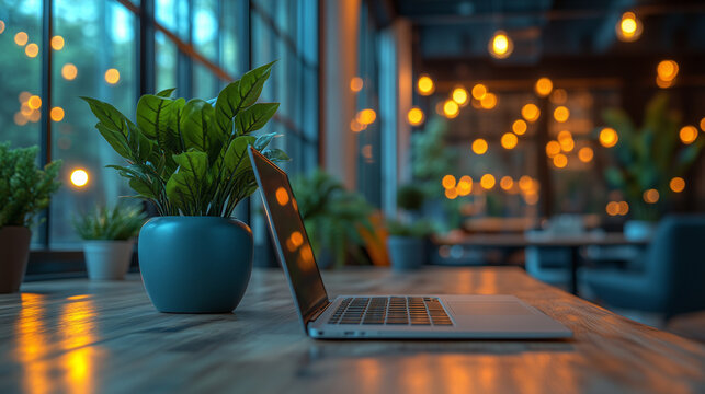A sleek, modern office with a focus on an employee typing up a business proposal. Bright lighting, contrast