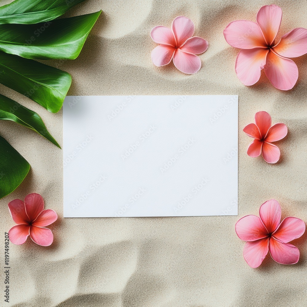 Aufkleber Elegant tropical flat lay with flowers and blank space for text on sand background. Generative AI