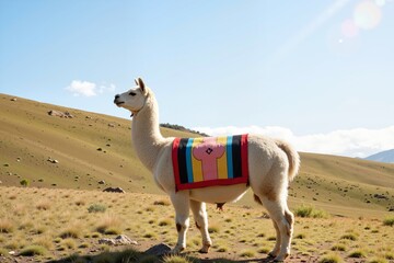 A majestic llama with colorful blankets stands proudly in the serene landscape, showcasing its vibrant attire against the backdrop of rolling hills and blue skies.