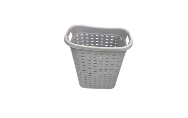 A grey plastic laundry basket isolated against white background