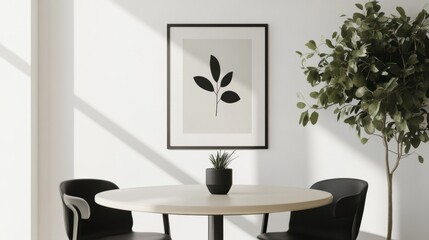 A modern, minimalist meeting room with a monochrome color scheme, sleek furniture, and a small potted plant for a touch of green.