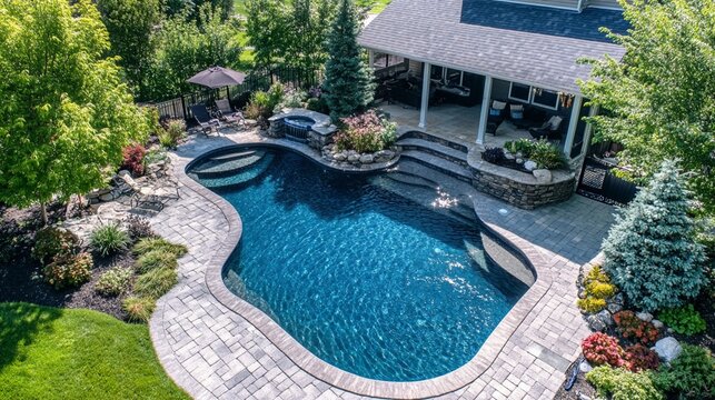 Luxurious freeform swimming pool with curved edges and stone patio, featuring built-in spa, elegant landscaping, and covered porch area in backyard of upscale residence.