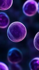 Microscopic view of purple and blue glowing cells or molecules floating in dark space, scientific visualization with detailed surface texture and depth of field effect.