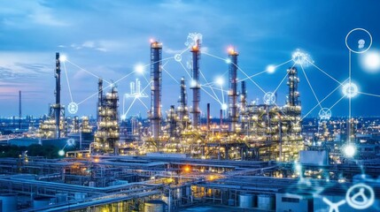 Industrial Complex at Dusk with Digital Connections and Innovations