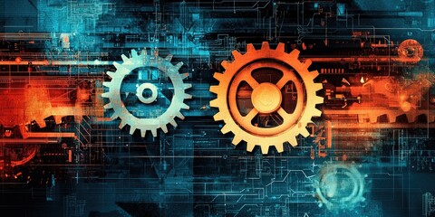 Industrial gears mixed with modern, abstract shapes.