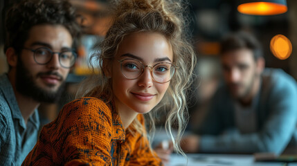 A group of young professionals collaborating on a design prototype using a digital drawing tablet. Bright lighting, contrast
