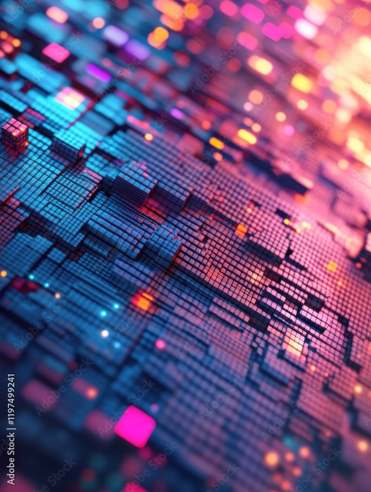 Poster abstract colorful blurry pixel blocks background. bg and technology, digital world concept. 3d rende
