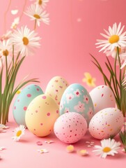 Fototapeta premium Hello Monday message with Easter eggs on a pink background